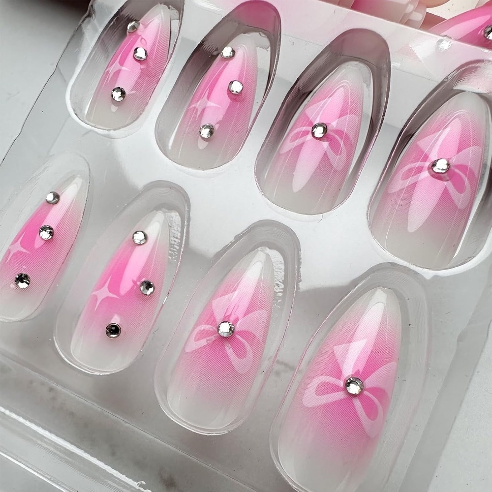 24pcs Pink Press Nails Short Medium Almond Fake Nails w/ Love Heart Bow Design - Picture 2 of 8
